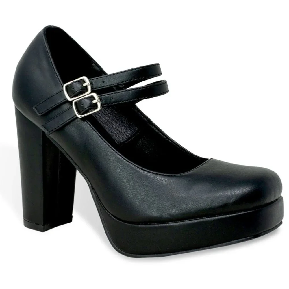 Women’s Vintage Chunky Platform Block Heel Mary Janes with Double Straps - Picture 2 of 4